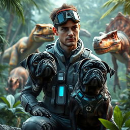 A futuristic scene depicting a man, dressed in a sleek, high-tech explorer's suit, alongside a black pug with robotic enhancements, both curiously observing life-like dinosaurs in their natural habitat