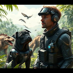 A futuristic scene depicting a man, dressed in a sleek, high-tech explorer's suit, alongside a black pug with robotic enhancements, both curiously observing life-like dinosaurs in their natural habitat