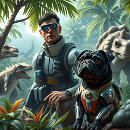 A futuristic scene depicting a man, dressed in a sleek, high-tech explorer's suit, alongside a black pug with robotic enhancements, both curiously observing life-like dinosaurs in their natural habitat
