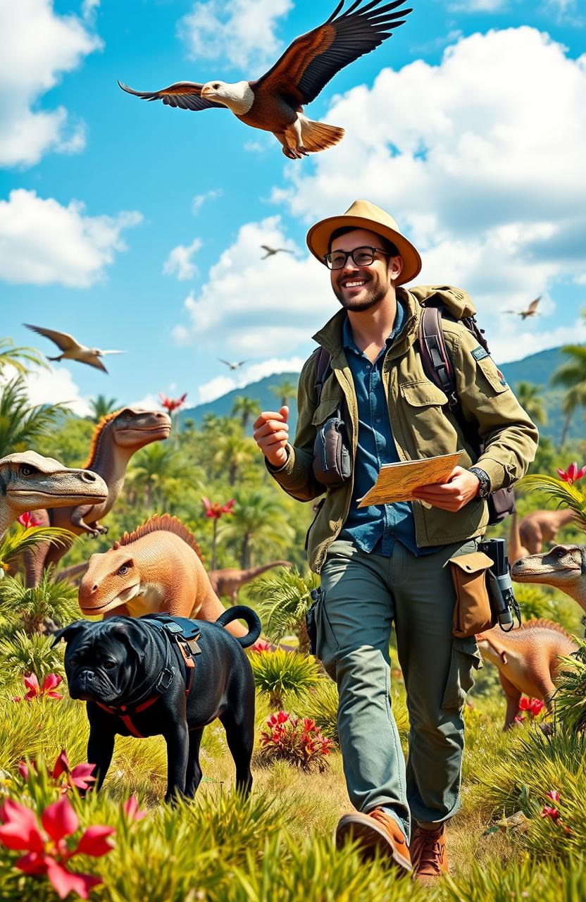 A man in casual adventure gear, such as a cargo jacket and explorer hat, accompanied by a cute black pug, both exploring a vibrant prehistoric landscape filled with dinosaurs