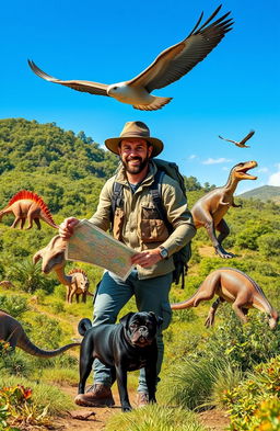 A man in casual adventure gear, such as a cargo jacket and explorer hat, accompanied by a cute black pug, both exploring a vibrant prehistoric landscape filled with dinosaurs