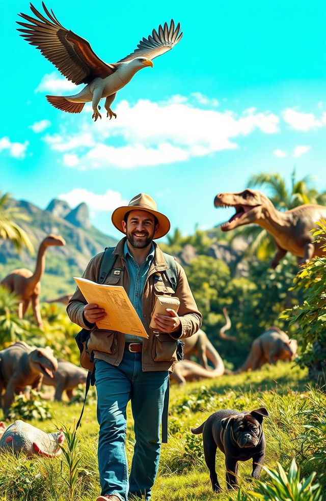 A man in casual adventure gear, such as a cargo jacket and explorer hat, accompanied by a cute black pug, both exploring a vibrant prehistoric landscape filled with dinosaurs