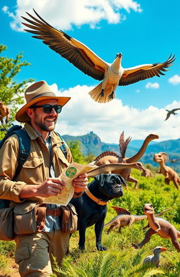 A man in casual adventure gear, such as a cargo jacket and explorer hat, accompanied by a cute black pug, both exploring a vibrant prehistoric landscape filled with dinosaurs