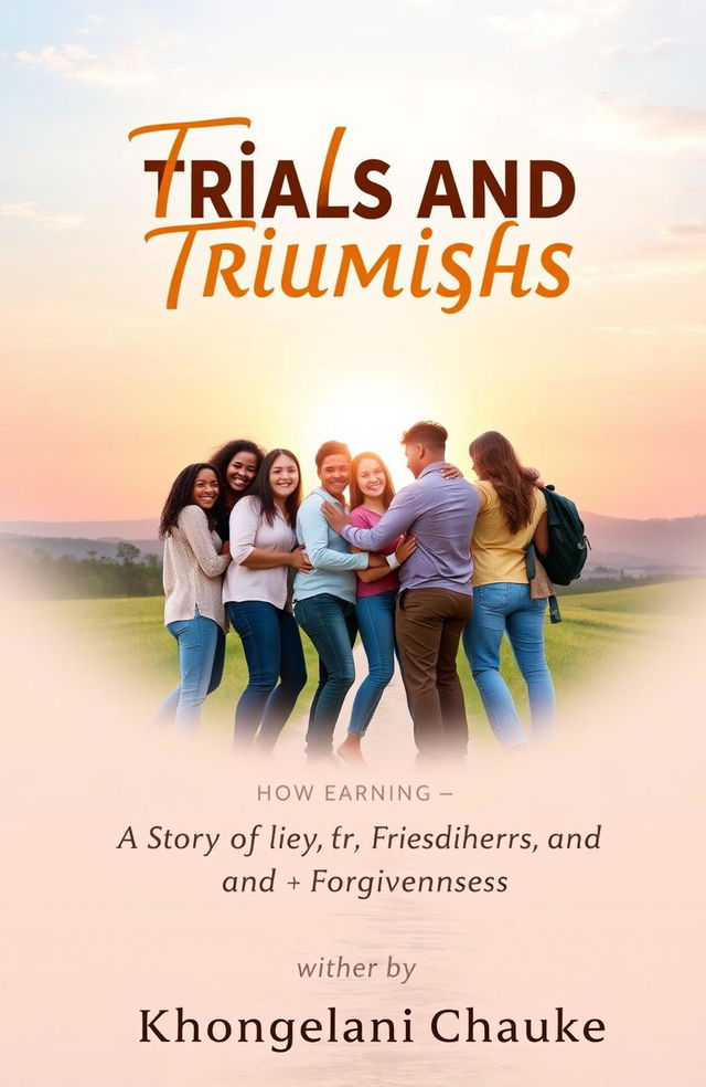 A serene and uplifting book cover design for 'Trials and Triumphs: A Story of Faith, Friendship, and Forgiveness' by Khongelani Chauke