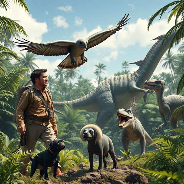 A man in rugged adventure attire, alongside a small black pug, is exploring a prehistoric jungle filled with frightening dinosaurs