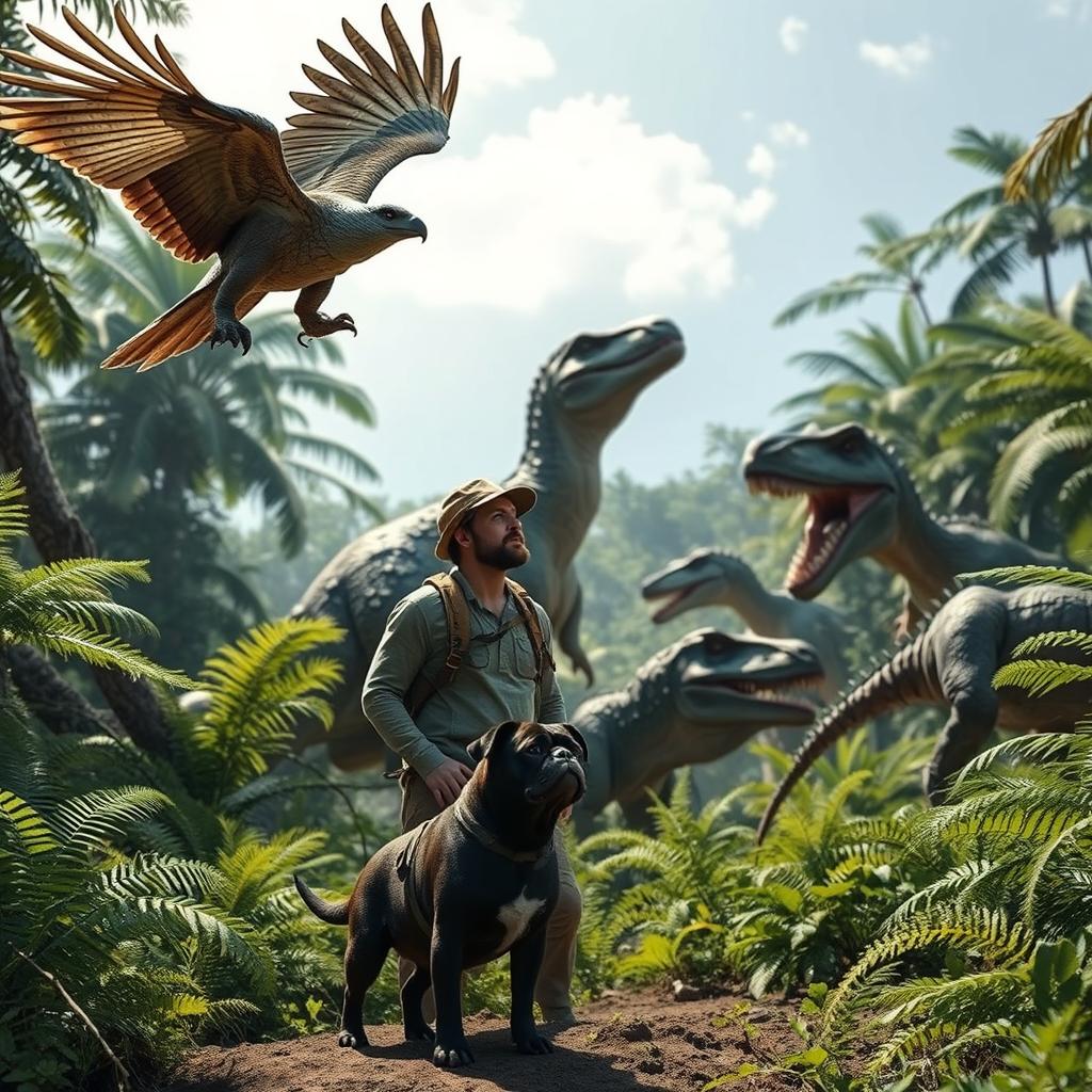 A man in rugged adventure attire, alongside a small black pug, is exploring a prehistoric jungle filled with frightening dinosaurs