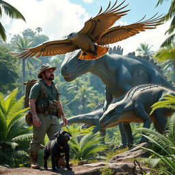 A man in rugged adventure attire, alongside a small black pug, is exploring a prehistoric jungle filled with frightening dinosaurs