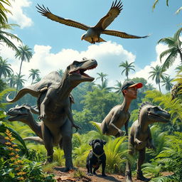 A man in rugged adventure attire, alongside a small black pug, is exploring a prehistoric jungle filled with frightening dinosaurs