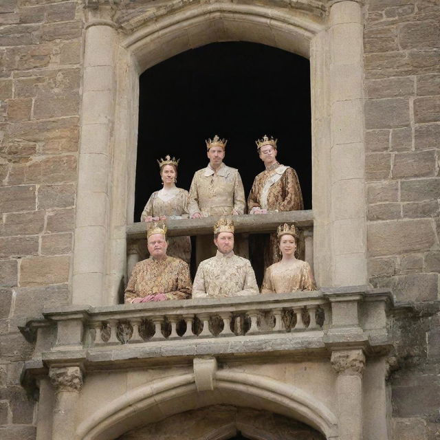 Modify the image to show the king's subjects, a variety of humble figures expressing reverence, gathered around the castle, all looking up adoringly toward their king on the balcony.