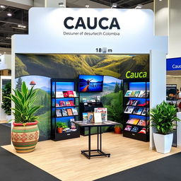 A beautifully designed promotional stand for the Cauca department in Colombia, emphasizing its rich cultural and tourist attractions