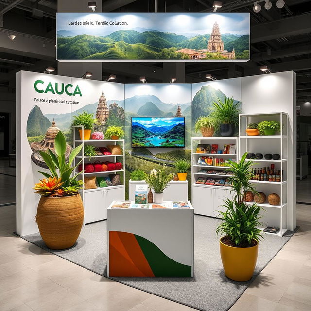 A beautifully designed promotional stand for the Cauca department in Colombia, emphasizing its rich cultural and tourist attractions