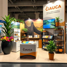 A beautifully designed promotional stand for the Cauca department in Colombia, emphasizing its rich cultural and tourist attractions