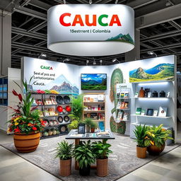 A beautifully designed promotional stand for the Cauca department in Colombia, emphasizing its rich cultural and tourist attractions
