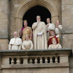 Modify the image to show the king's subjects, a variety of humble figures expressing reverence, gathered around the castle, all looking up adoringly toward their king on the balcony.