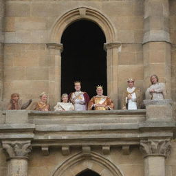 Modify the image to show the king's subjects, a variety of humble figures expressing reverence, gathered around the castle, all looking up adoringly toward their king on the balcony.