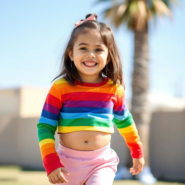 A young girl with a cheerful expression, wearing a bright, rainbow-striped long-sleeve crop top that slightly shows her belly, paired with solid color pants
