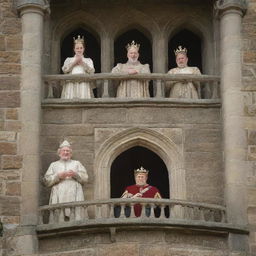 Modify the image to show the king's subjects, a variety of humble figures expressing reverence, gathered around the castle, all looking up adoringly toward their king on the balcony.