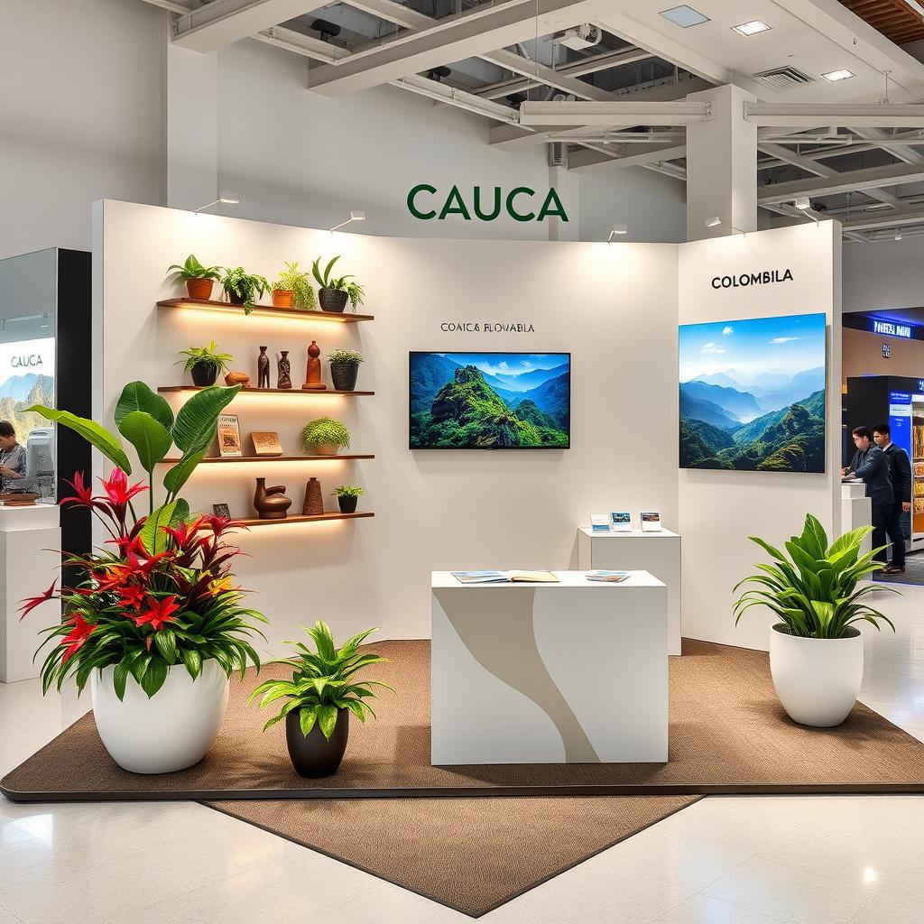 A beautifully designed promotional stand measuring 18 square meters, showcasing the Cauca region of Colombia as a tourist destination