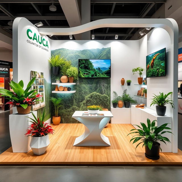 A beautifully designed promotional stand measuring 18 square meters, showcasing the Cauca region of Colombia as a tourist destination