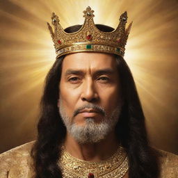 Alter the image to depict the king’s subjects not simply respecting him, but venerating him like a deity, their faces full of awe and reverence, casting upward toward their king a radiant golden light signifying their divine respect.