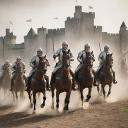 Revise the image to include a surprise element: a cavalry brigade arriving at the castle, brandishing shining swords, their faces set with determination, the dust kicked up by the hooves of their galloping horses filling the air.