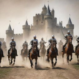 Revise the image to include a surprise element: a cavalry brigade arriving at the castle, brandishing shining swords, their faces set with determination, the dust kicked up by the hooves of their galloping horses filling the air.