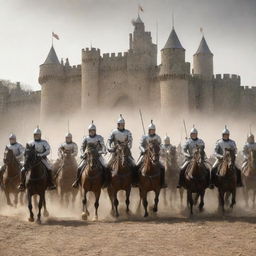 Revise the image to include a surprise element: a cavalry brigade arriving at the castle, brandishing shining swords, their faces set with determination, the dust kicked up by the hooves of their galloping horses filling the air.