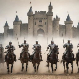 Revise the image to include a surprise element: a cavalry brigade arriving at the castle, brandishing shining swords, their faces set with determination, the dust kicked up by the hooves of their galloping horses filling the air.