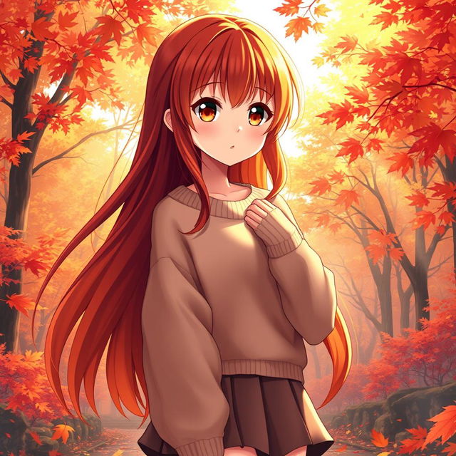 An enchanting anime girl embodying the beauty of autumn, with long, flowing hair that transitions in color from deep auburn to bright orange