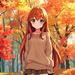 An enchanting anime girl embodying the beauty of autumn, with long, flowing hair that transitions in color from deep auburn to bright orange