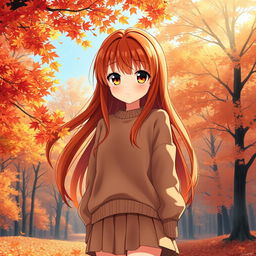 An enchanting anime girl embodying the beauty of autumn, with long, flowing hair that transitions in color from deep auburn to bright orange