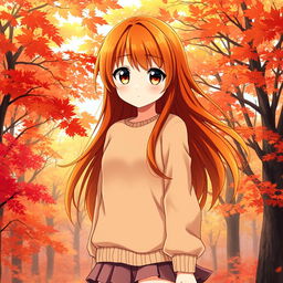 An enchanting anime girl embodying the beauty of autumn, with long, flowing hair that transitions in color from deep auburn to bright orange