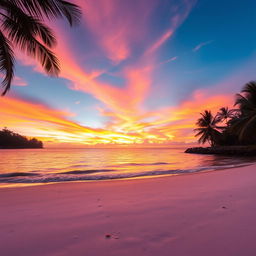 A beautiful sunset over a serene beach, the sky painted with vibrant shades of orange, pink, and purple