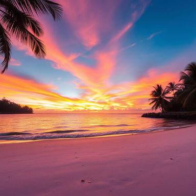 A beautiful sunset over a serene beach, the sky painted with vibrant shades of orange, pink, and purple