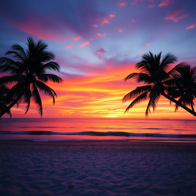 A beautiful sunset over a serene beach, the sky painted with vibrant shades of orange, pink, and purple