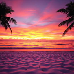 A beautiful sunset over a serene beach, the sky painted with vibrant shades of orange, pink, and purple