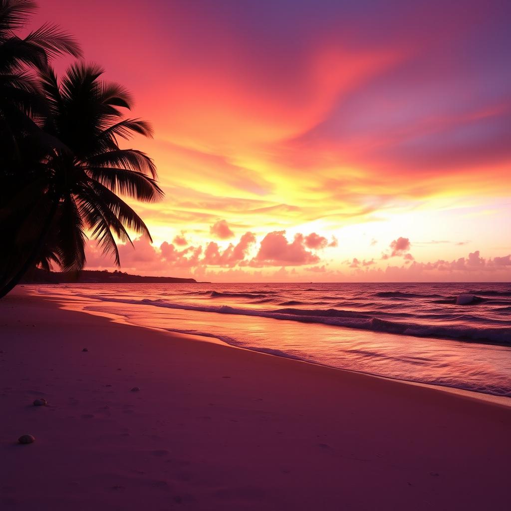 A beautiful sunset over a serene beach, the sky painted with vibrant shades of orange, pink, and purple