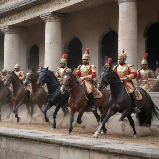 Modify the image to show a clash between the king's royal guards and the approaching horsemen, wielding their weapons skillfully amidst a scene of chaos and bravery, under the watchful gaze of the king from the balcony.