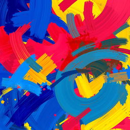 An abstract digital painting characterized by chaotic swirls of colors including deep blues, vivid reds, and bright yellows
