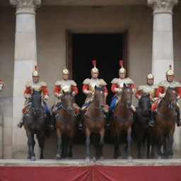 Modify the image to show a clash between the king's royal guards and the approaching horsemen, wielding their weapons skillfully amidst a scene of chaos and bravery, under the watchful gaze of the king from the balcony.