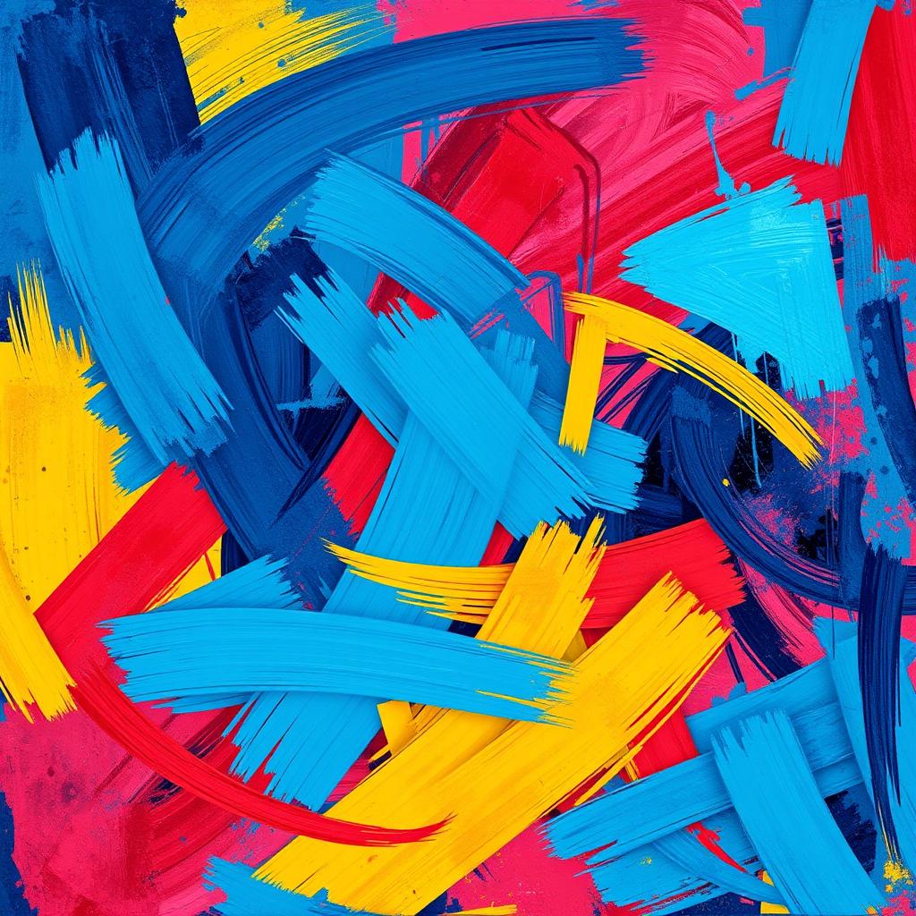 An abstract digital painting characterized by chaotic swirls of colors including deep blues, vivid reds, and bright yellows