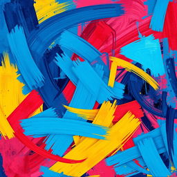 An abstract digital painting characterized by chaotic swirls of colors including deep blues, vivid reds, and bright yellows