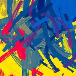 An abstract digital painting characterized by chaotic swirls of colors including deep blues, vivid reds, and bright yellows