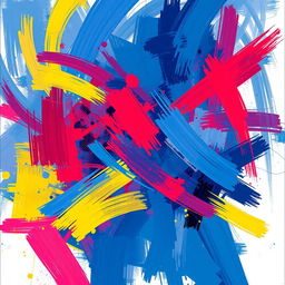 An abstract digital painting characterized by chaotic swirls of colors including deep blues, vivid reds, and bright yellows
