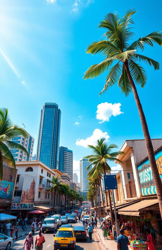 A vibrant scene depicting the bustling city of Lagos under a clear blue sky, showcasing a blend of modern skyscrapers and traditional architecture