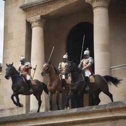 Modify the image to show a clash between the king's royal guards and the approaching horsemen, wielding their weapons skillfully amidst a scene of chaos and bravery, under the watchful gaze of the king from the balcony.