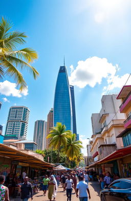 A vibrant scene depicting the bustling city of Lagos under a clear blue sky, showcasing a blend of modern skyscrapers and traditional architecture