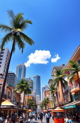 A vibrant scene depicting the bustling city of Lagos under a clear blue sky, showcasing a blend of modern skyscrapers and traditional architecture