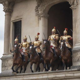 Modify the image to show a clash between the king's royal guards and the approaching horsemen, wielding their weapons skillfully amidst a scene of chaos and bravery, under the watchful gaze of the king from the balcony.