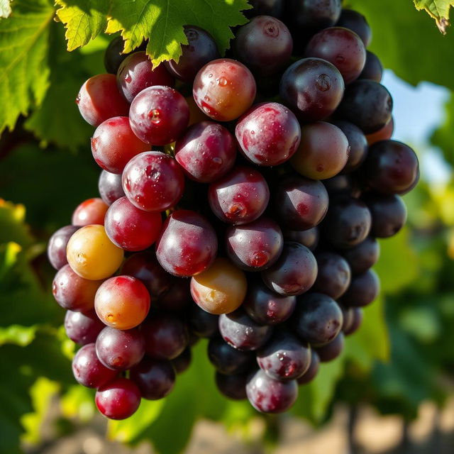 A close-up view of a bunch of ripe, juicy grapes hanging from a vine